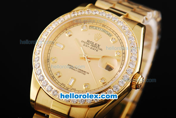 Rolex Day Date II Automatic Movement Full Gold with Diamond Bezel-Gold Dial and Diamond Markers - Click Image to Close